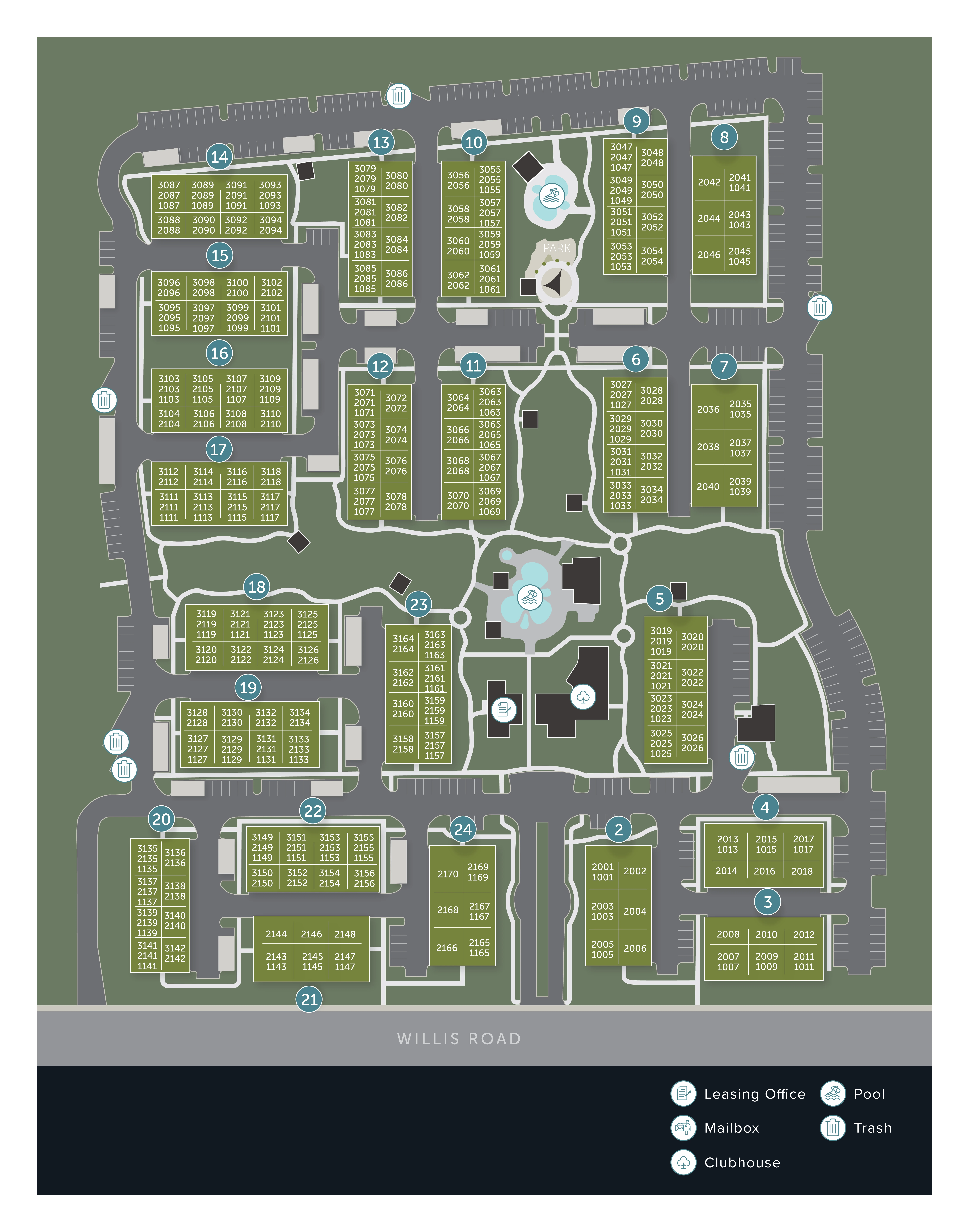 The Laurel complete site plan with building and apartment numbers, two pools, leasing office, clubhouse, trash stops, and Willis Road